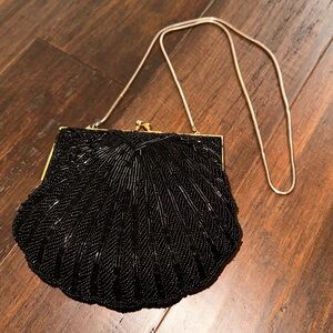 Vintage Andre Cellini Clamshell Black Beaded Clutch/Shoulder Evening Bag